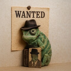 Chameleon wearing hat posing with wanted poster and vintage photo in studio
