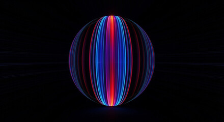 Fototapeta premium Abstract glowing sphere with blue and red light streaks on a black background, futuristic digital art