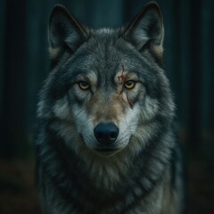 Gray wolf with scar looking directly in dark forest environment