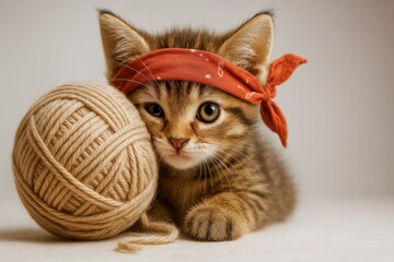 Kitten wearing red bandana playing with yarn ball on neutral background