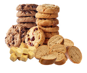 delicious assortment of cookies and bread pieces, perfect for showcasing bakery items, snack options, and delightful culinary treats in advertising campaigns
