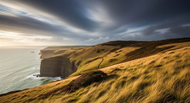 Dramatic coastal cliffs under a cloudy sky. The ocean is at left, grassy slopes
