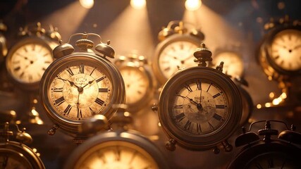 Antique clock assortment, golden hues, spotlights illuminating, depth of field effect, time concept - Powered by Adobe