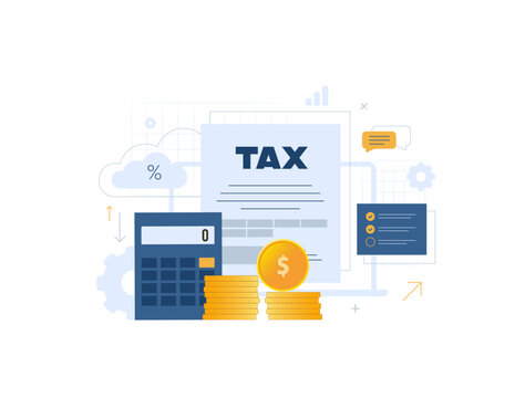 Tax deduction and preparation for accurate payment. Corporate finance planning, taxable income calculation and effective tax cut strategy for business and individual savings. Flat vector illustration