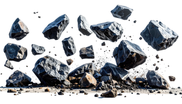 Floating black rocks and debris on a dark background