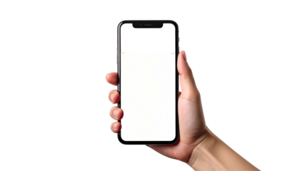 Hand holds blank screen smartphone on black background