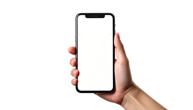 Hand holds blank screen smartphone on black background