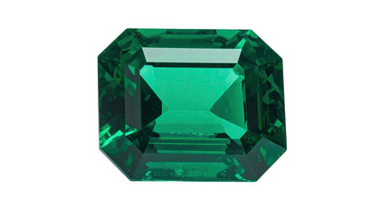 Emerald cut gemstone, deep vibrant green on black background