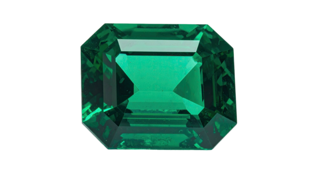 Emerald cut gemstone, deep vibrant green on black background
