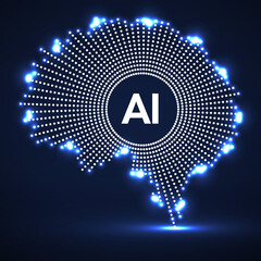 Abstract glowing human brain of dotted. Concept of neural connections, artificial intelligence. Vector illustration