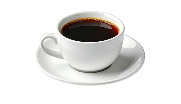 Coffee cup filled with dark liquid sitting atop a matching saucer