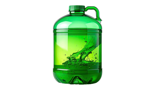 Green jug with liquid splashing inside, black background