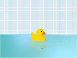 水色タイルの浴室背景とアヒルのおもちゃ | お風呂・バスタイムのイラスト