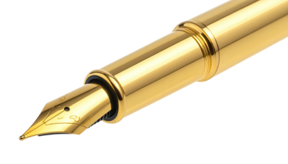 Gleaming gold fountain pen nib and barrel, macro detail