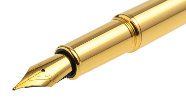 Gleaming gold fountain pen nib and barrel, macro detail