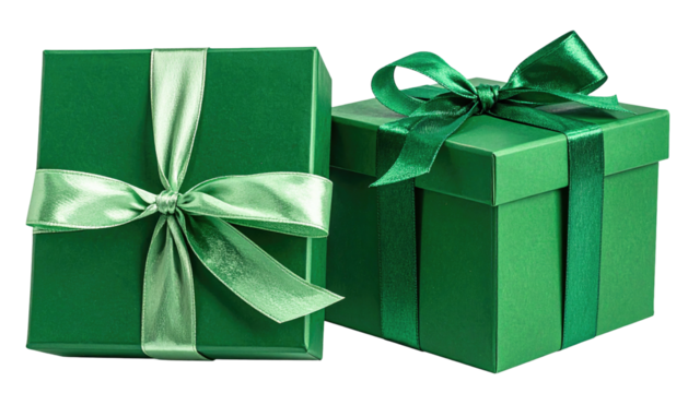 Two green boxes wrapped with ribbons, isolated on a black background