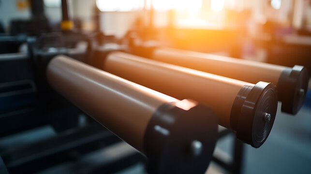 Close-up of a conveyor belt system with cylindrical rollers, designed for smooth and efficient material handling in an industrial setting, highlighting automation.