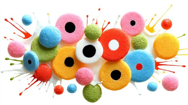 Colorful abstract composition featuring vibrant circular shapes and splashes of paint, showcasing a playful and artistic design with a mix of textures and colors for creative inspiration