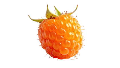 Single, ripe, gold raspberry with calyx isolated on black