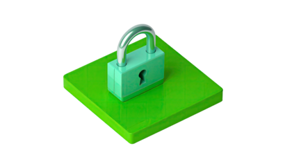 Green padlock on square surface, isolated against black backdrop