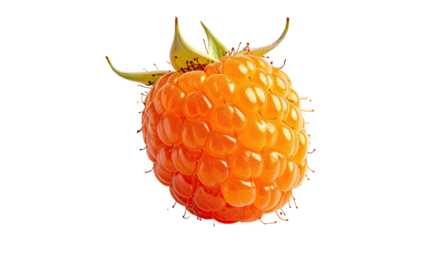 Single, ripe, gold raspberry with calyx isolated on black