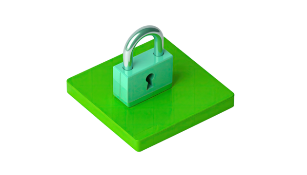 Green padlock on square surface, isolated against black backdrop