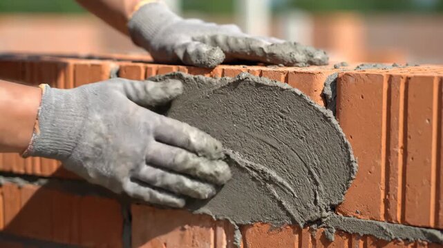 Closeup of a construction workers gloved hands laying bricks with mortar building a wall on a sunny day.