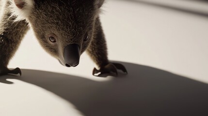 Koala animal looks at the camera on a bright surface