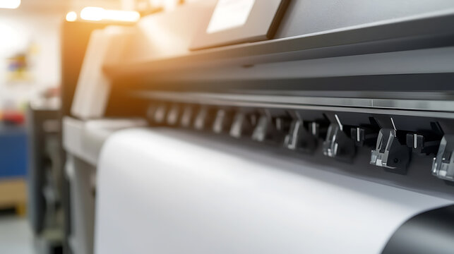 A close-up showcases a wide format printer poised, paper loaded, ready to bring designs to life. The image captures the precision and scale of professional printing.