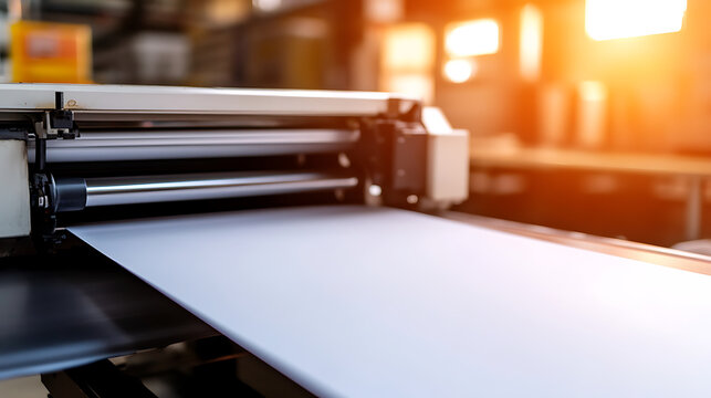 Close-up of a vinyl plotter cutting a large sheet of white material in a bright workshop. The machine precision and efficiency in graphic and signage production are on display.