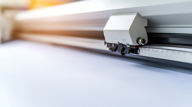 Precision machinery for cutting and plotting in a clean, professional setting. Focus on the intricate blade and its functionality. Modern technology exemplified.