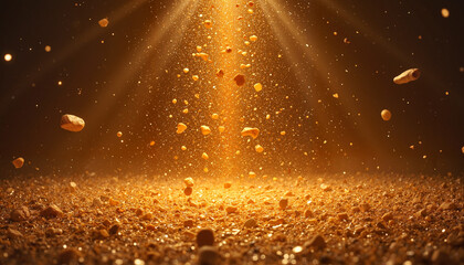 Scattering golden dust and pebbles illuminated by dramatic light in a magical atmosphere