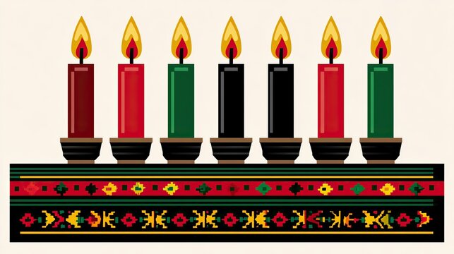 A minimalist illustration of a Kwanza candlestick, featuring seven lit candles against a clean, solid-color background, along with flat vector festival symbols celebrating African traditions and unity