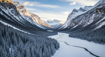 Aerial view of a snowy mountain range, pine trees and a frozen river under a clear sky