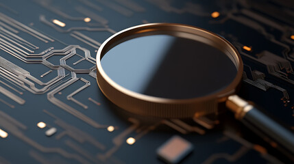 A golden magnifying glass rests on a complex circuit board, symbolizing detailed analysis and investigation in the digital realm. Close-up showcases technology scrutiny.