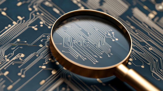 Circuit board magnified with a golden magnifying glass, close-up on details. Abstract representation of data analysis and computer technology insights concept.
