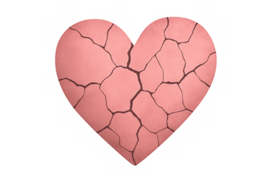 Broken heart representing heartbreak, pain, grief, and ending love relationship, feeling sorrow on transparent background