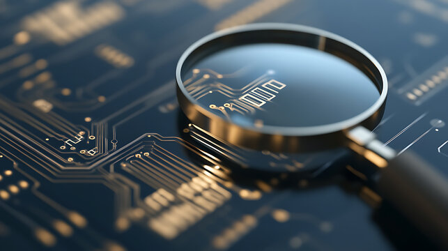 Close-up of a magnifying glass over an electronic circuit board. Great image to illustrate tech topics, or innovation. The board's intricate design is highlighted.