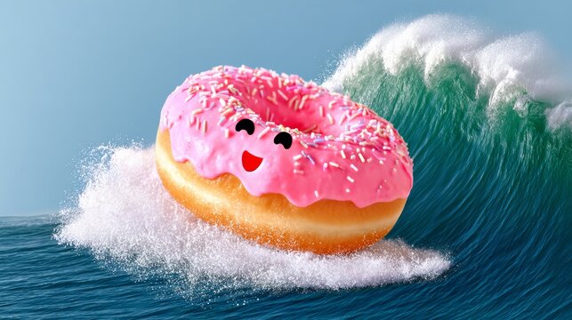 Colorful cartoon donut with pink icing and sprinkles, joyfully surfing on a vibrant ocean wave, creating a playful and whimsical scene that captures the essence of fun and creativity - Powered by Adobe