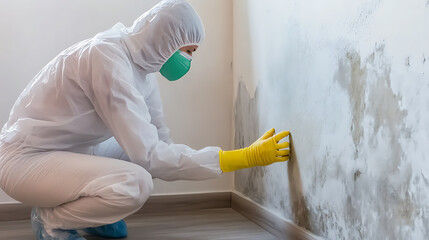 Person in protective gear inspecting mold growth on a wall, indicating potential indoor air quality concerns and the need for remediation. Safety and health are paramount.