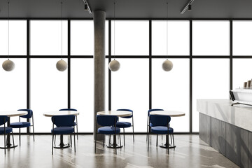 Modern cafe interior with blue chairs, round tables, and large transparent windows, minimalist style on white background. Concept of branding mockup. 3D Rendering