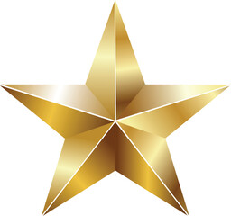 Shiny golden star icon, luxury five point metallic award badge with reflections on white background.