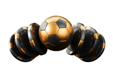 Golden soccer ball surrounded by casino chips isolated on white background, representing sports betting and gambling concept. 3D Rendering. 3D Rendering