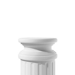 White classical column capital with fluted detailing, realistic 3D rendering style, isolated on transparent background, concept of architecture or structure template