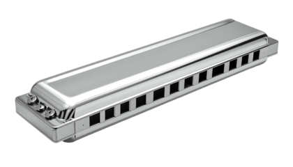 Shiny silver harmonica gleaming on black