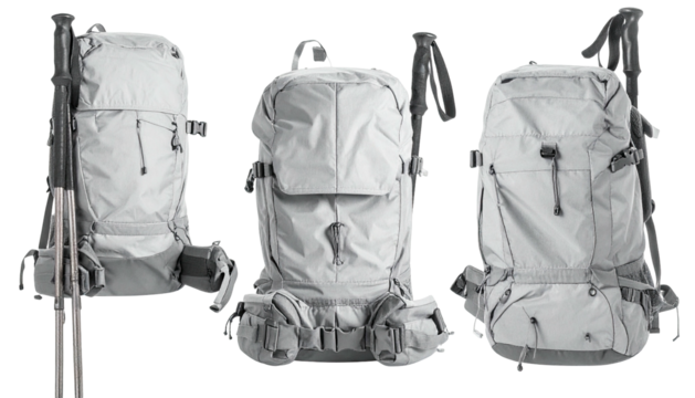 Three gray backpacks with trekking poles on white background