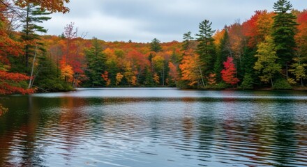 Serene autumn landscape with vibrant foliage reflecting on a calm lake under a cloudy sky