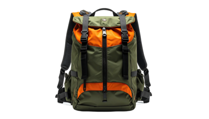 Olive and orange backpack with black straps, centered on a black background