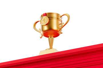 Naklejka premium Shiny golden trophy with number one medal on elegant red pedestal, isolated on white background. 3D Rendering concept of victory and championship