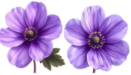 Two purple flowers, open petals and detailed yellow centers